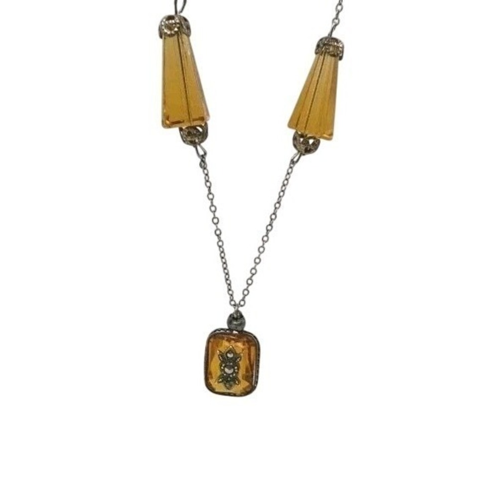 Vintage Art Deco Topaz Glass Bead Chain Czech Style Drop Markasite Necklace READ